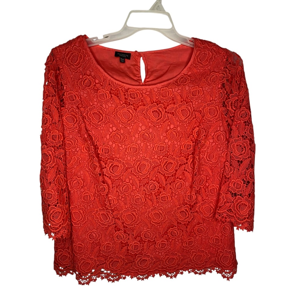 Talbots Womens 16WP Coral Orange Floral Lace Eyelet 3/4 Sleeve Lined Blouse Top